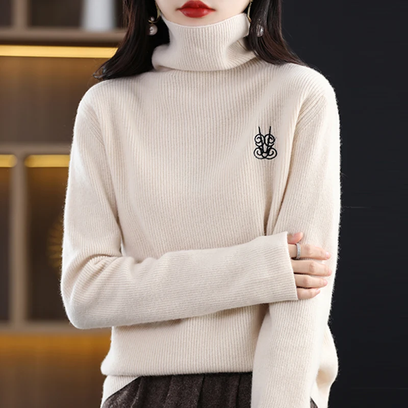 2023 Autumn/Winter New Cashmere Sweater Women\'s High Neck Pullover 100% Wool Loose Embroidered Jacquard Top Fashion Korean Editi