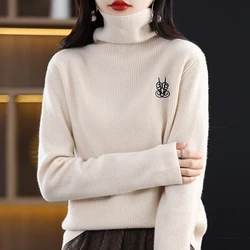 2023 Autumn/Winter New Cashmere Sweater Women's High Neck Pullover 100% Wool Loose Embroidered Jacquard Top Fashion Korean Editi