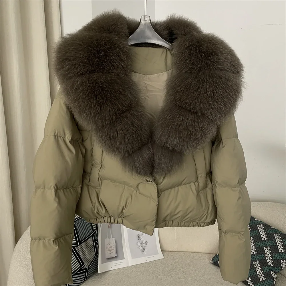 White Duck Down Coat Feather Short Puffer Jacket Thick New Big Natural Real Fox Fur Jacket Women Autumn Winter Female