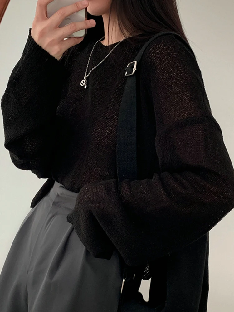 Jesienno-zimowe dzianinowe luลบne swetry damskie elegancki przezroczysty sweter sweter z dลugim rฤkawem Casual dekolt w serek Pull solidny sweter