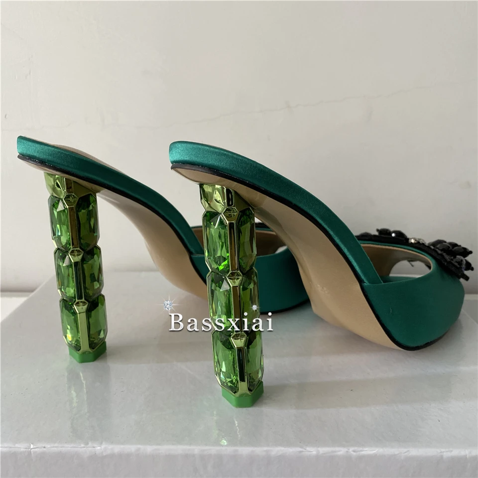 Crystal Sequins Beads Butterfly-Flower Sandals Women Luxury Satin Slingbacks Diamond Rhinestone Strange Heel Summer Mules