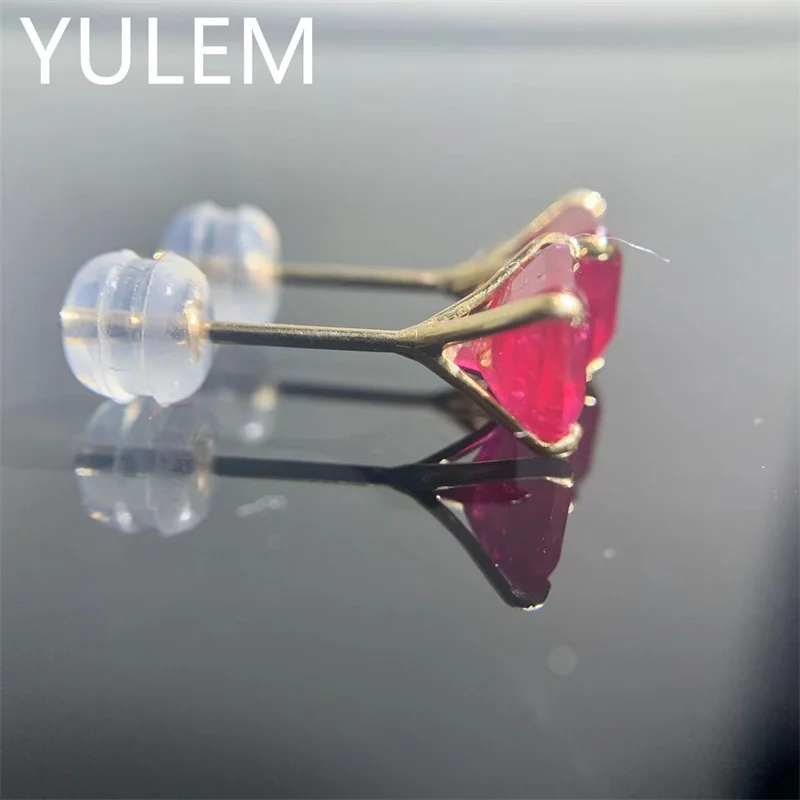 YULEM Real 18K Yellow Gold Stud Ruby Earrings Female Diamond Earring Engagement Party Jewelry Design Fine Jewelry