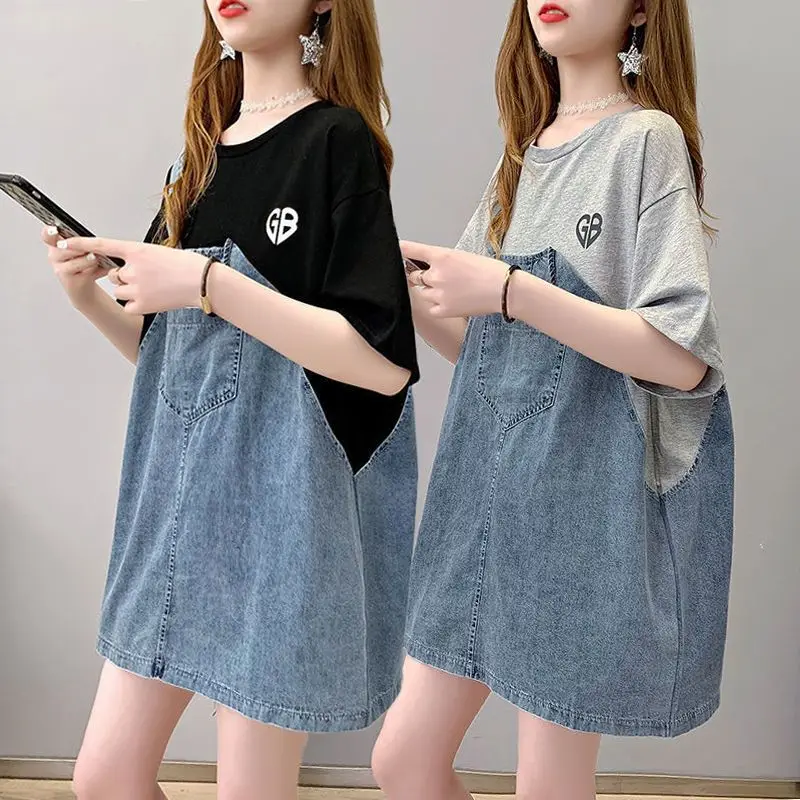 Denim Patchwork T-shirt Women's Clothing Harajuku Tops Half Sleeve Tees Big Size Loose Mid-length O-Neck Korea Streetwear Design