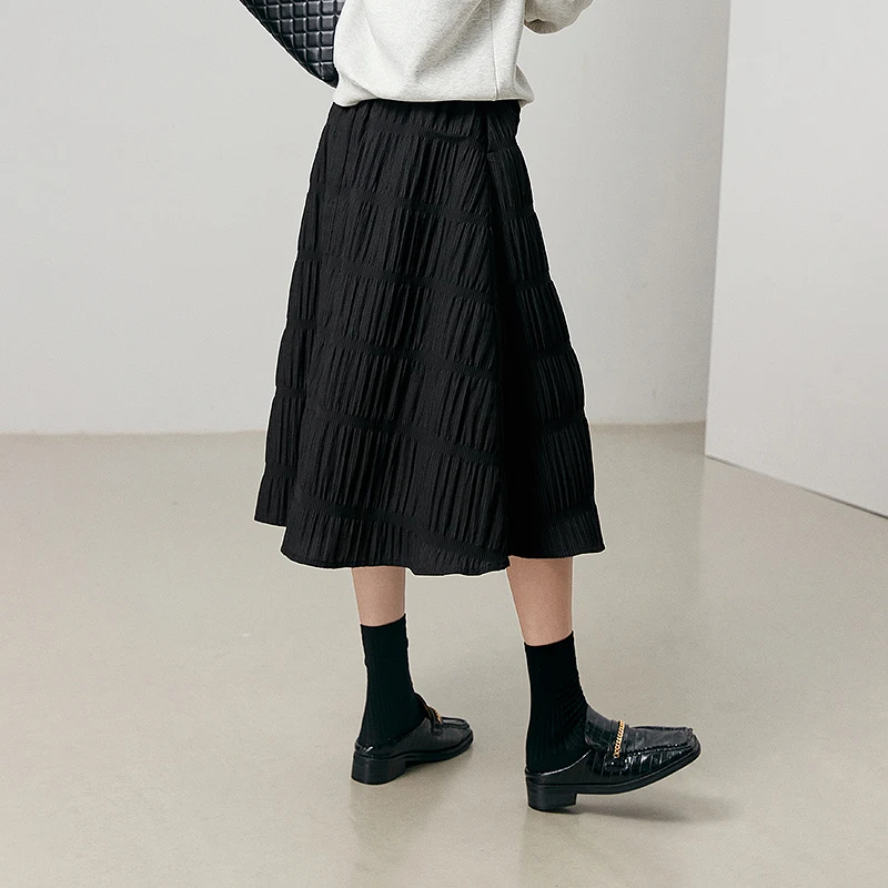 

Toyouth Women Skirt 2023 Autumn High Waist A-shaped Loose Pleat Design Textured Fabric Fashion Casual Black Mid-length Skirt