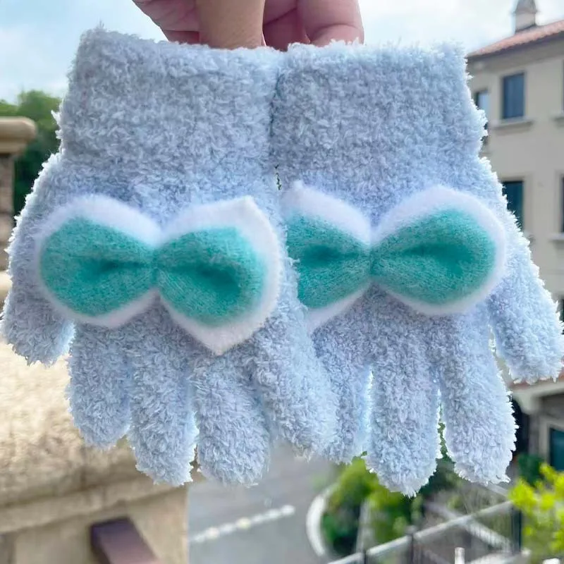 

Plush Knitted Gloves For Children Winter Keep Warm Cold-proof Full-finger Student Outdoor Cute Bow Gloves For Girls 2-6 Years