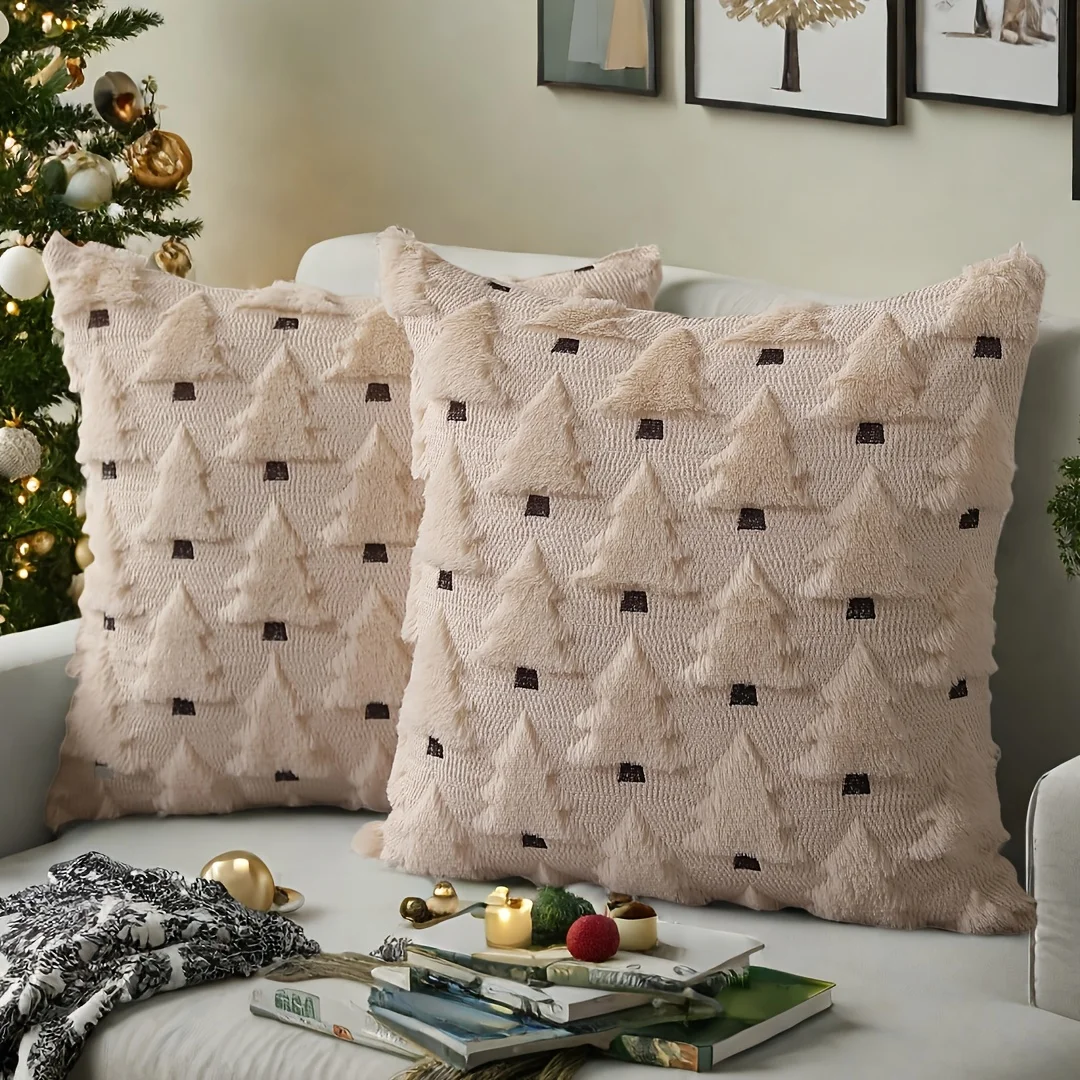 2 Stück Weihnachts-Kissenbezüge, 45 x 45 cm, beige Weihnachtsbaum-Kissenbezüge, Dekorationen, weiche Bezüge, Winter-Urlaubsdekoration