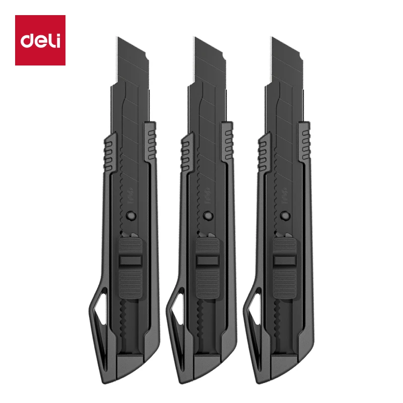 Deli Hochleistungs-Universalmesser 9mm/18mm Scharfer Schwarzer SK5 Kohlenstoffstahl Automatisch Einziehbarer Kartonschneider für Pappe und Kartons