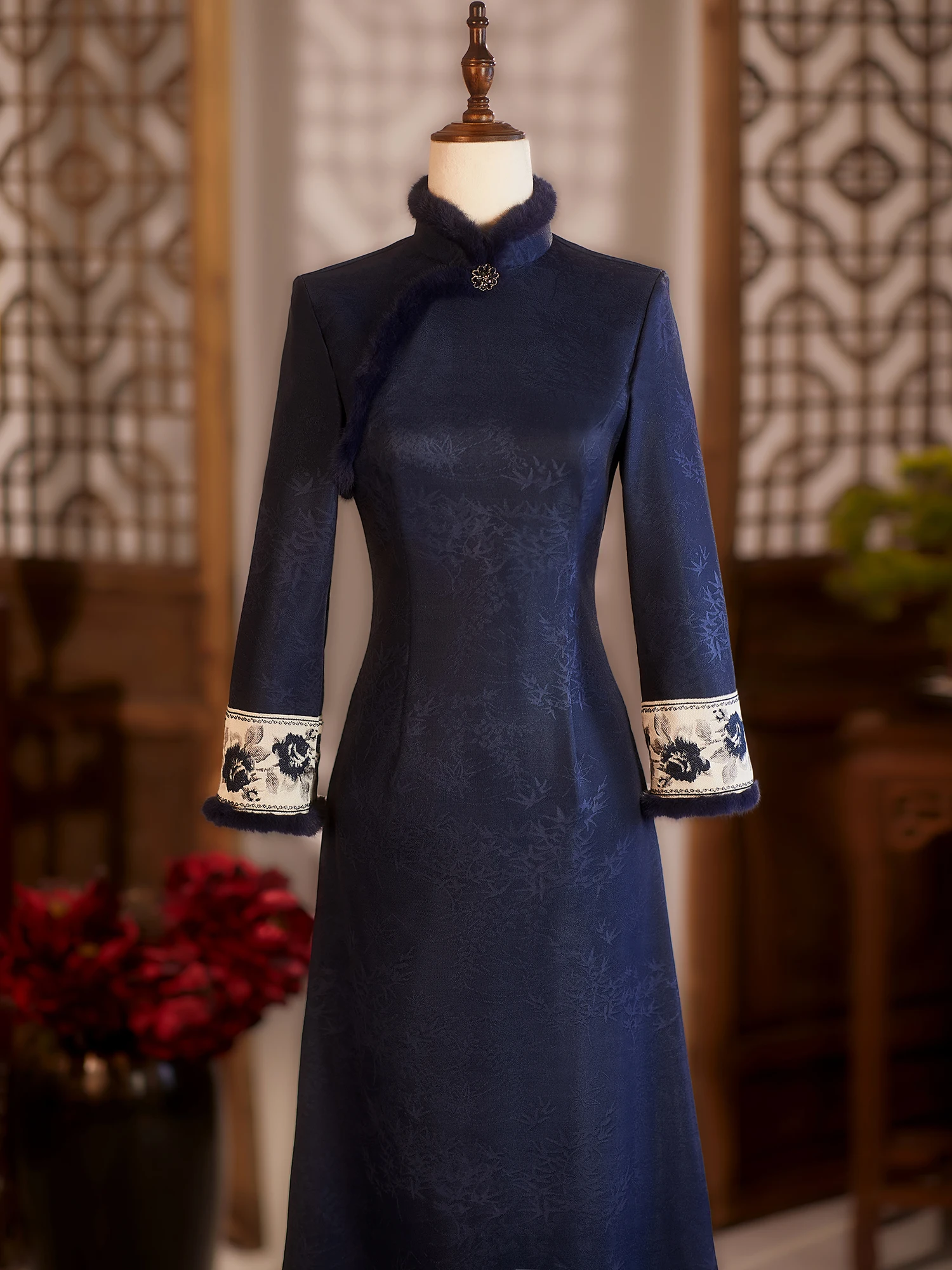 

Blue Fro Coat Wedding Dr New Chinese Sle Winter Warm Long Sve Full Length Polyester Spandex Materni Women's Dr