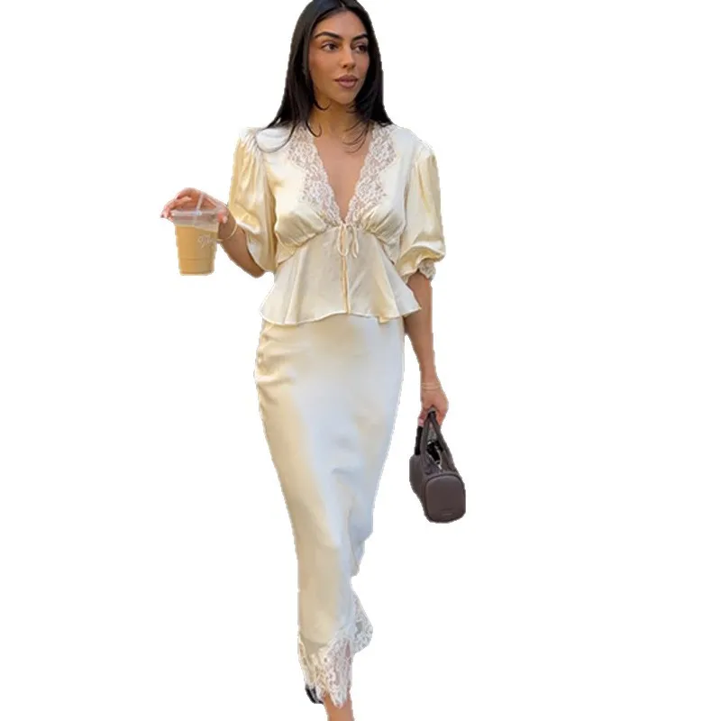 Tornova 2026 Sommer Neues Spitzenkleid-Set Satin V-Ausschnitt Kurzarm T-Shirt Eleganter Schlanker Langer Rock Anzug Damen Urlaub Party Sets