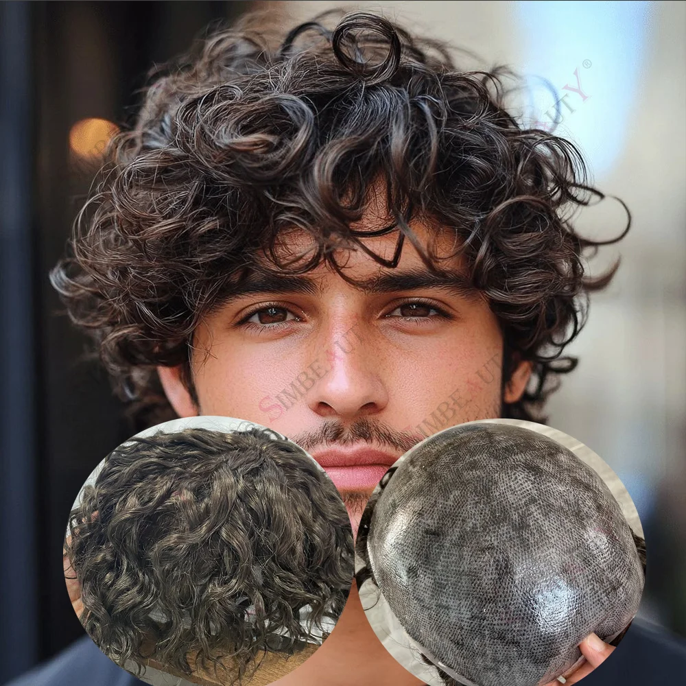 

# 3 # 4 мужских 28 мм вьющихся необнаружиемых микрокожи на основании парик из натуральной линии волос мужские вьющиеся 100% человеческие волосы капиллярный протез