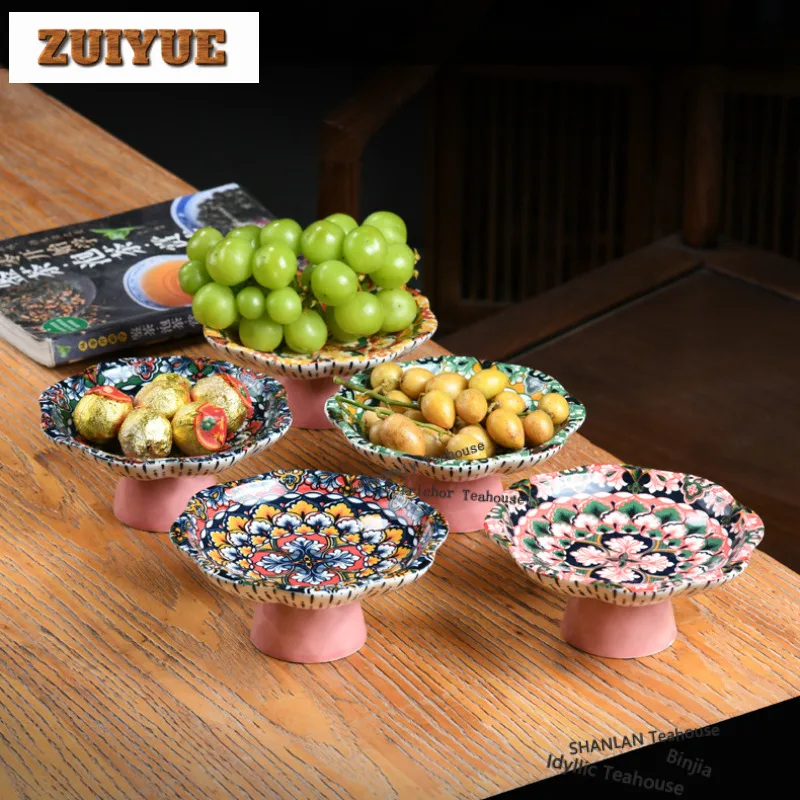 Blue-and-white Bohemia Pink High Foot Fruit Dishes Creative Pastry Plate Fruit Dishes Hospitality Dishes Supplies Ornaments Gift