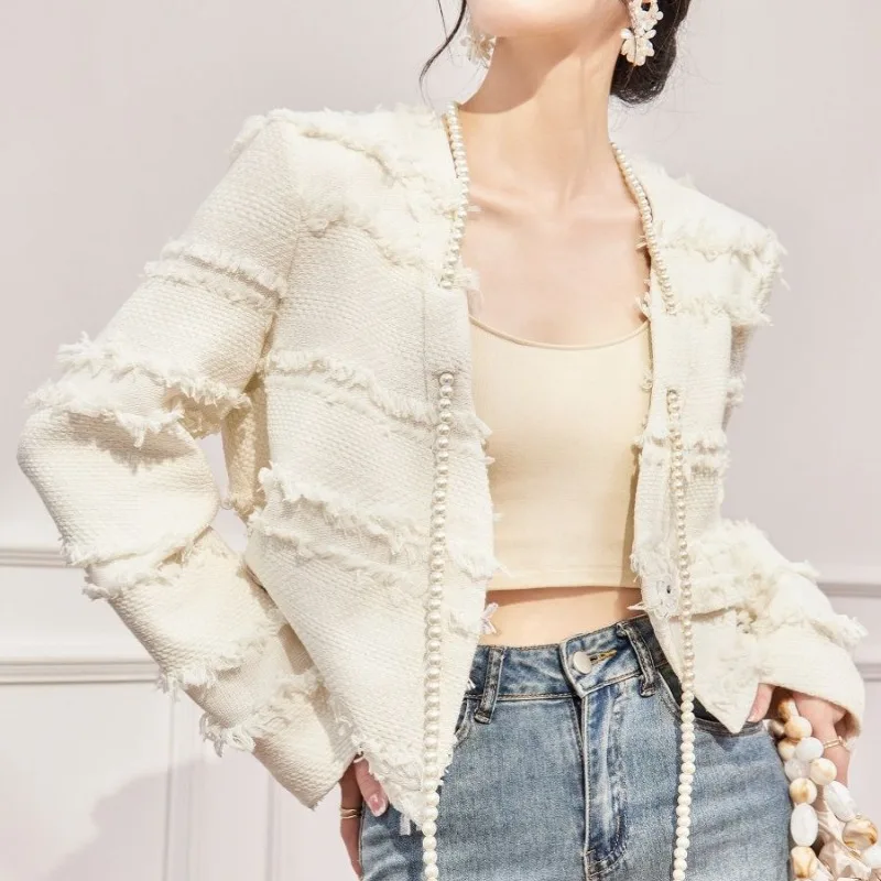 Spring Autumn Women\'s Short Fashion Solid Color V-neck Spliced Tassel Xiaoxiangfeng Long Sleeve Cardigan Beading Thin Tops Coats