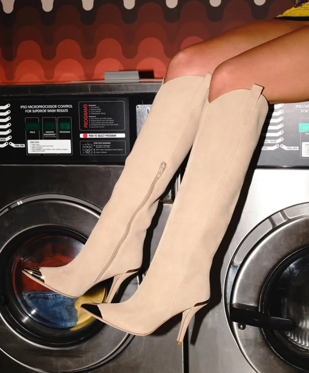 

Beige Suede Stiletto Heel Thigh-High Boots Metallic Pointed Toe Simple Side Zipper V-shaped Shoe Opening Design Elegant Boots