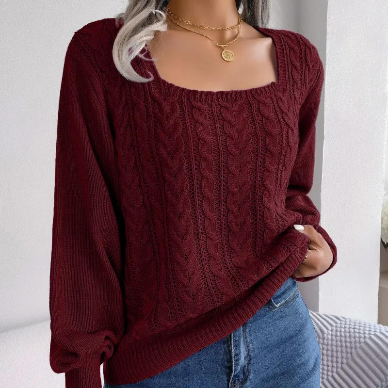 Autumn and Winter Women\'s Pullover Square Neck Screw Thread Lantern Sleeve Long Sleeve Sweater Knitted Underlay Casual Tops