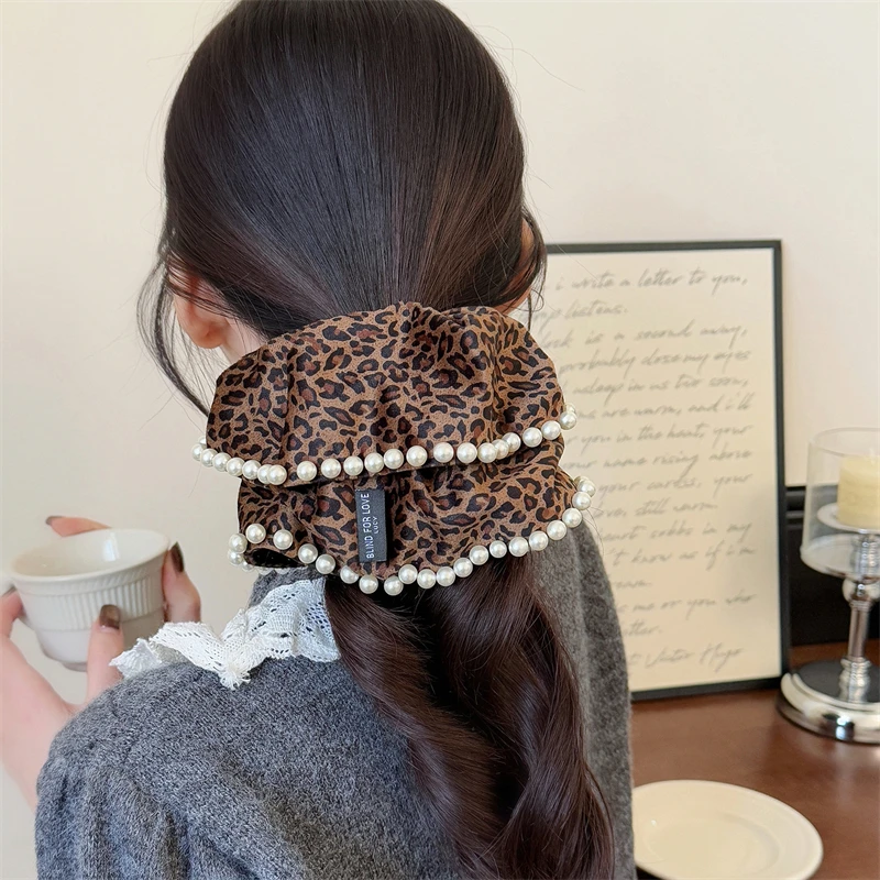 Korean High-end Leopard Print Large Intestine Scrunchie Female Pearl Lace Light Luxury Ponytail Head Rope