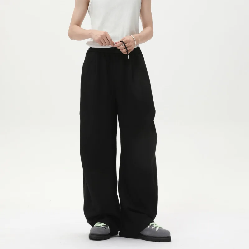 

SYUHGFA 2025 Autumn New Men's Sweatpants Korean Casual Solid Color Elastic Waist Pleated Casual Wide Leg Loose Sports Pants