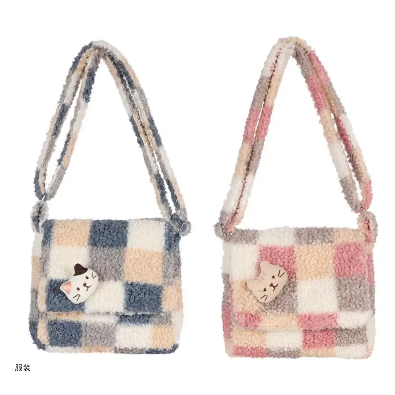 

D0UD Womens Plaid Shoulder Bag Plush Crossbody Bags Small Handbags for Spring Winter