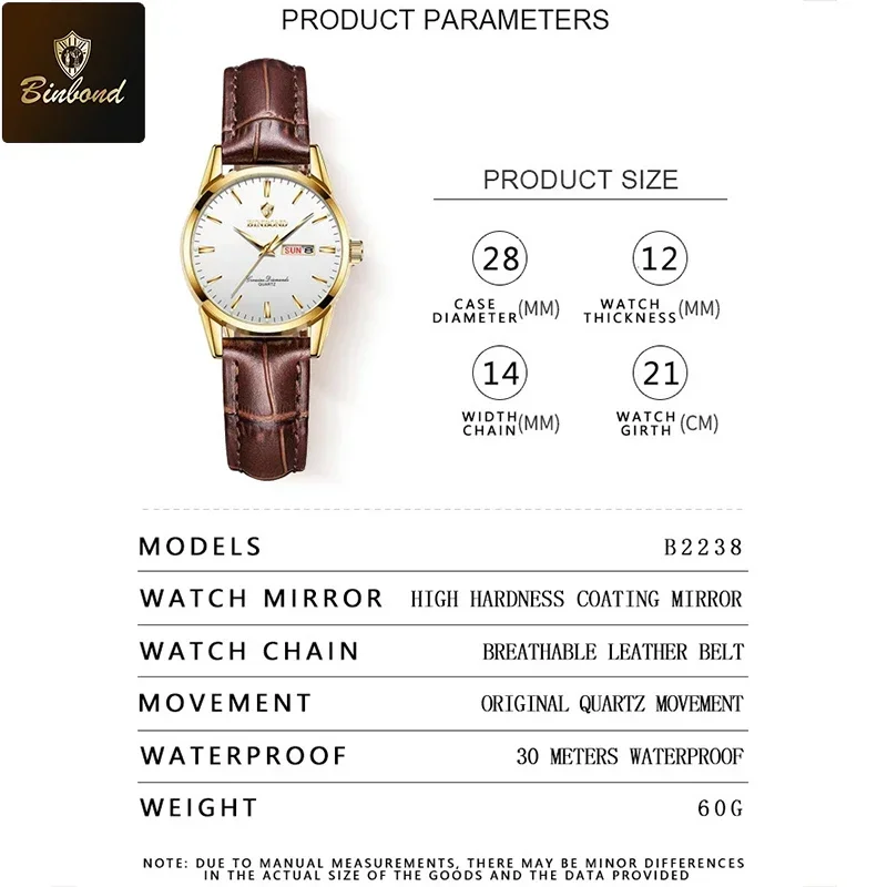 BINBOND женские часы, оригинальные модные брендовые кварцевые наручные часы, водостойкий светящийся кожаный ремешок, женские часы с двойным календарем