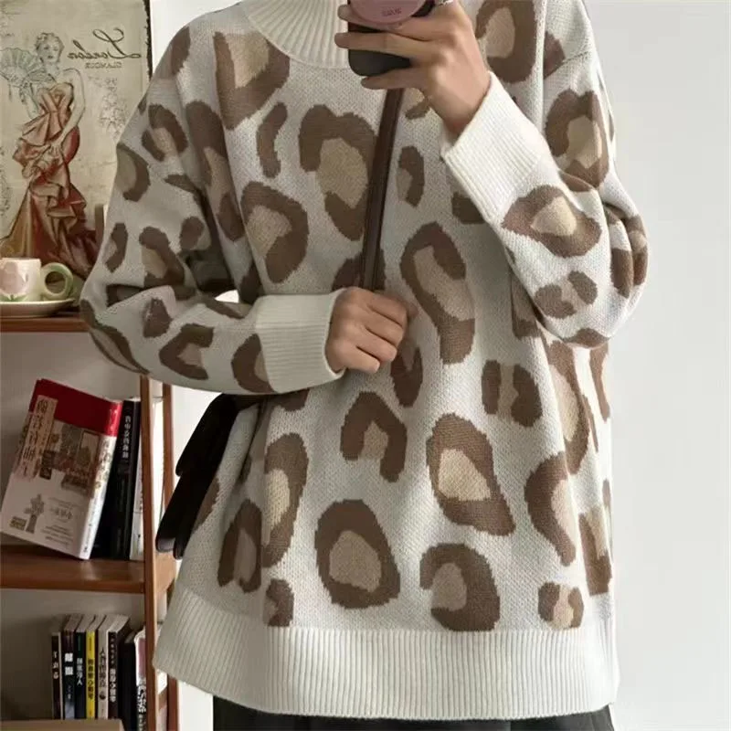 New Autumn and Winter Fashion Trend French Leopard Print Half High Neck Loose and Slim Reducing Age Women\'s Long Sleeve Sweater