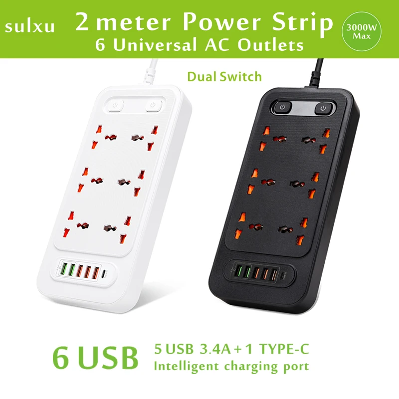 

High quality Universal 6AC Outlet dual control switch, Smart USB socket with TYPE-C charger, 2-meter cable extension power strip