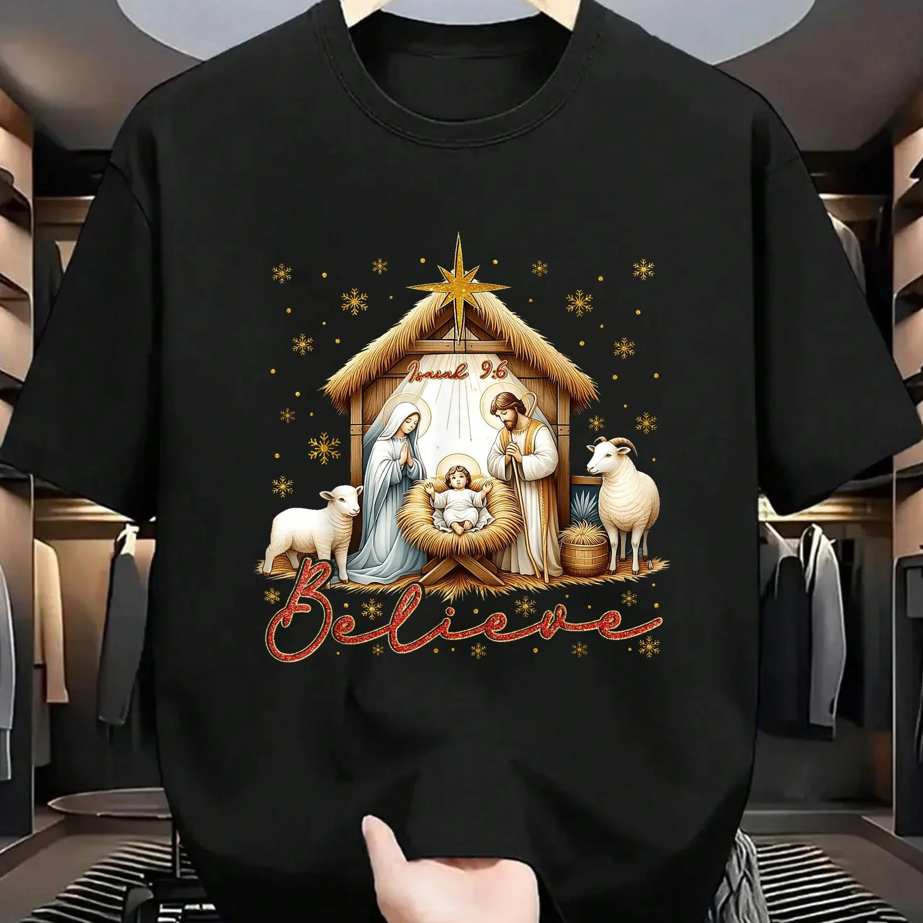 تي شيرت مشهد المهد المسيحي للرجال والنساء - طباعة ثلاثية الأبعاد منبثقة ماري آند شيبردز للجنسين