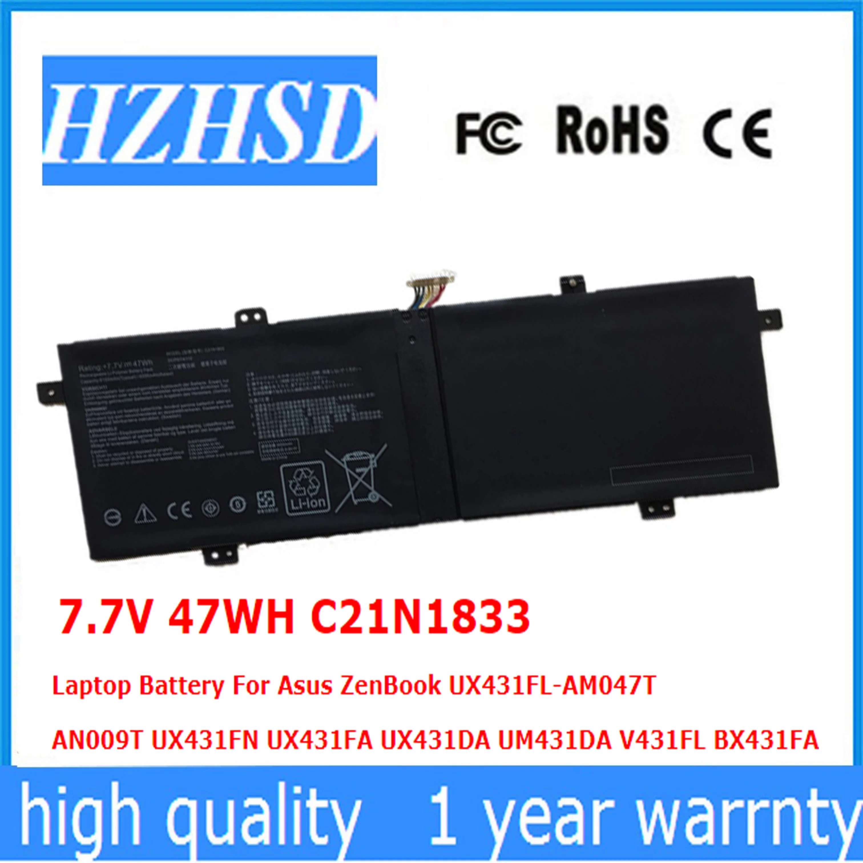 7.7V 47WH C21N1833 Laptop Battery For Asus ZenBook UX431FL-AM047T AN009T UX431FN