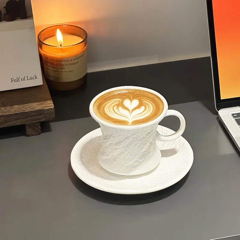 Stone Ceramic Mug Retro Brown Ceramic Coffee Cup and Saucer Set Irregular Hammer Latte Home Decoration Coffee Shop Art Tableware