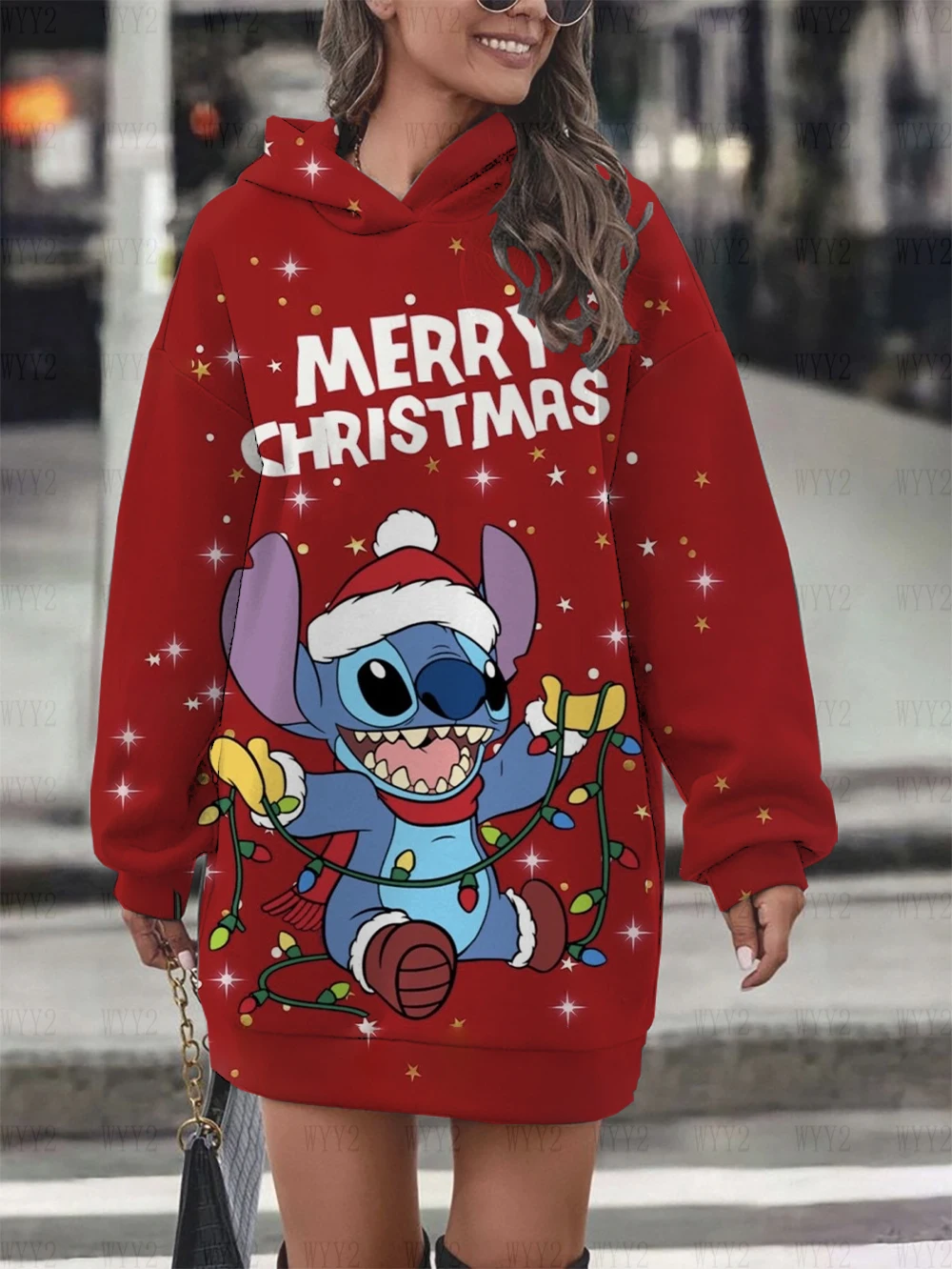 Christmas Disney Stitch print autumn and winter new women\'s hoodie dress 2024 hot sale casual chic sweatshirt dress