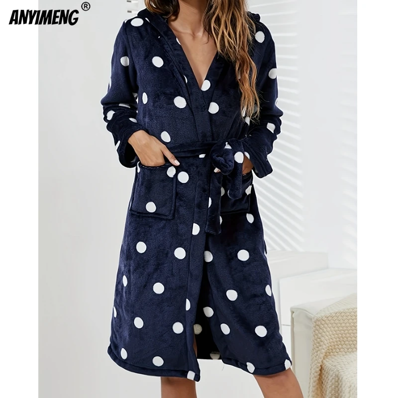 Winter Women Sleepwear Fluffy Soft Flannel Bathrobe for Woman Polka Dots Thermal Robes for Lady Casual Clouds Grey Robe for Girl