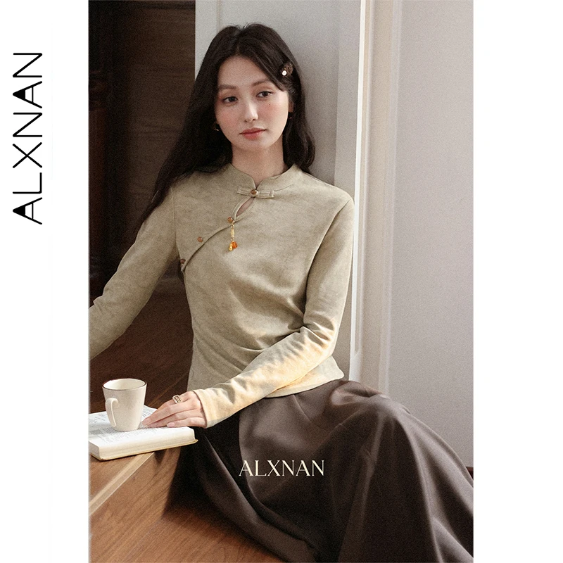 ALXNAN, camiseta para mujer, nuevas camisetas de manga larga de algodón de estilo chino, camisetas elegantes informales con diseño de hebilla de otoño para mujer L57266
