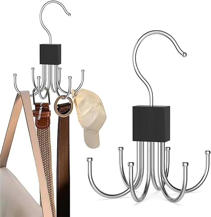 Colgador de Cinturones Multifuncional, 360 ° Organizador de Cinturón Giratorio | Soporte para colgar hasta 24 cinturones, sujetador, corbata, bufanda, bolso y camisetas sin mangas, plateado, gancho giratorio multifuncional para el hogar con seis garras, gancho de cuero para guardar corbatas y bufandas (1 unidad)