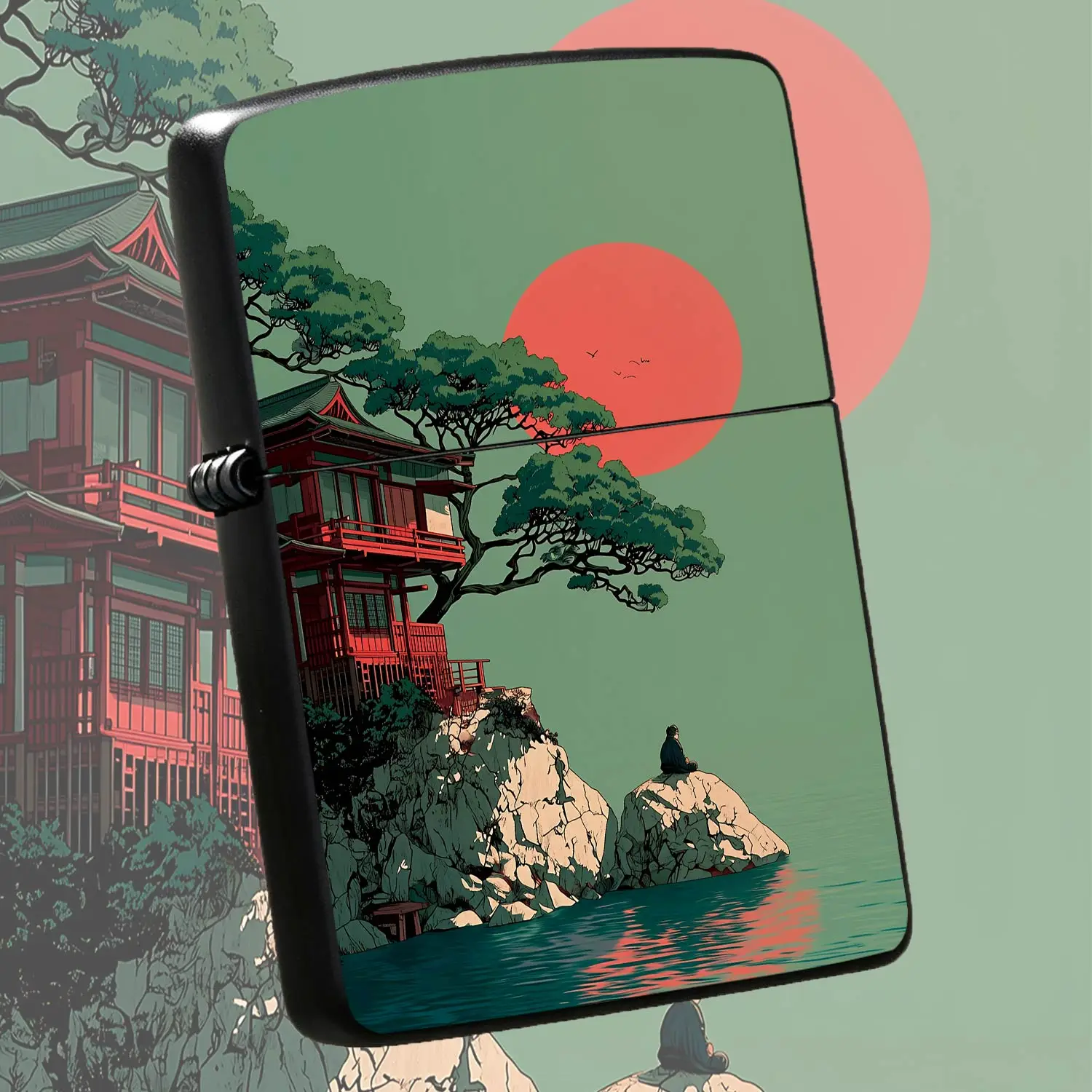 Vintage Japanese Zen Scenery Lighter, Red Pine Ancient House Meditating by Water Design, Portable Everyday Use Igniter for Camping, Candle Incense Lighting, Exquisite Gift for Family Friends Travel Daily Accessory A Humorous And Interesting