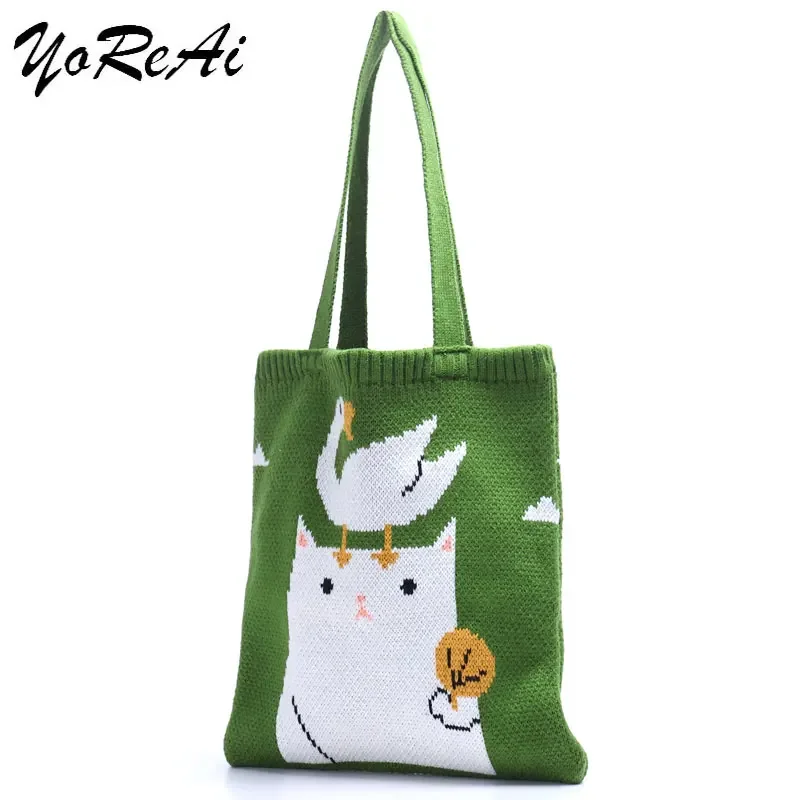 YoReAi Women Shoulder Bags Handbag Young Ladies Cartoon Jacquard Shopping Bag Girls Student Bookbag Tote Reusable Folding Totes