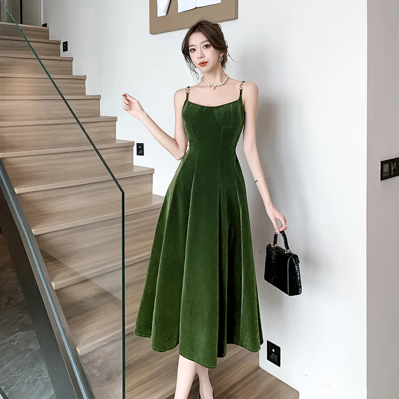 Elegant Party Sleeveless Velvet Midi Dresses for Women 2023 Autumn New Vintage Fashions A-line Slim Green Casual Female Clothing