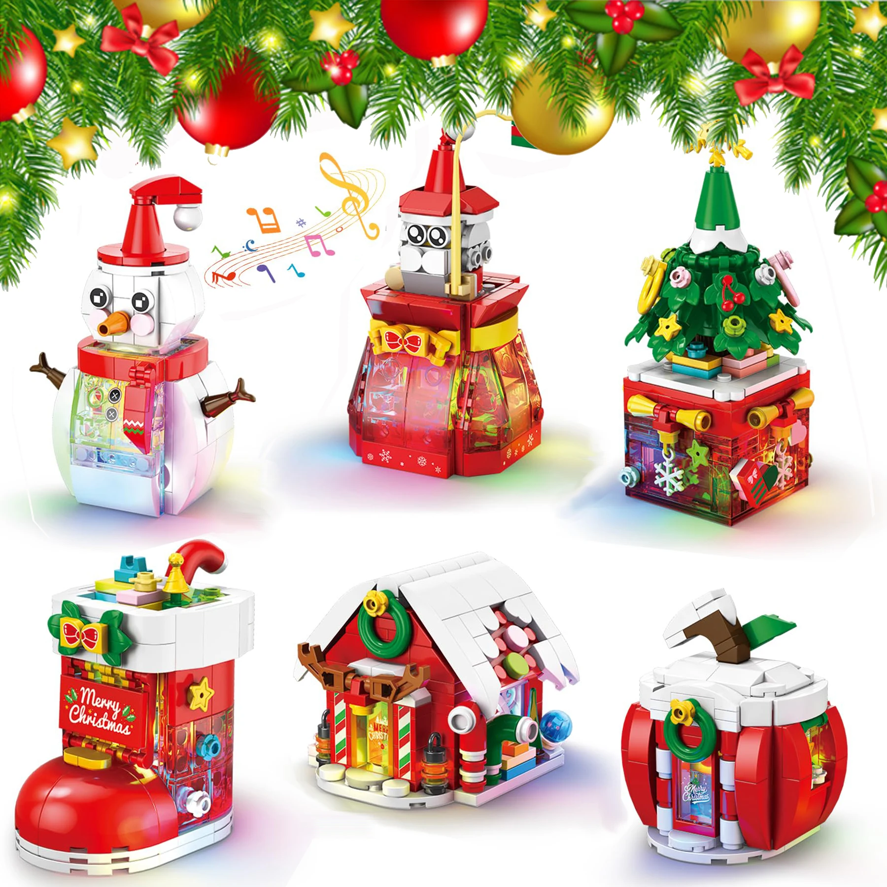 

6pcs Christmas Building Set with Lights Music Santa Gift Bag Snowman Xmas Tree Stockings Apple House Winter Cottage STEM Toys