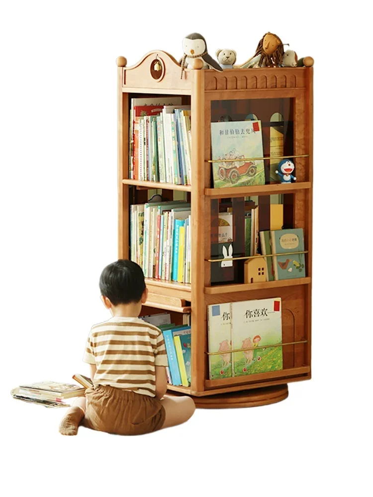 Pizza rotating bookshelf 360-degree children's bookcase solid wood reading area storage multi-layer storage picture book rack