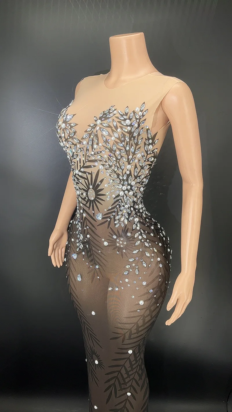 Robe Longue Personnalisée en Dentelle Transparente, Tenue de Spectacle, Paillettes, Diamant d'Eau, Hanche Ronde, Sexy