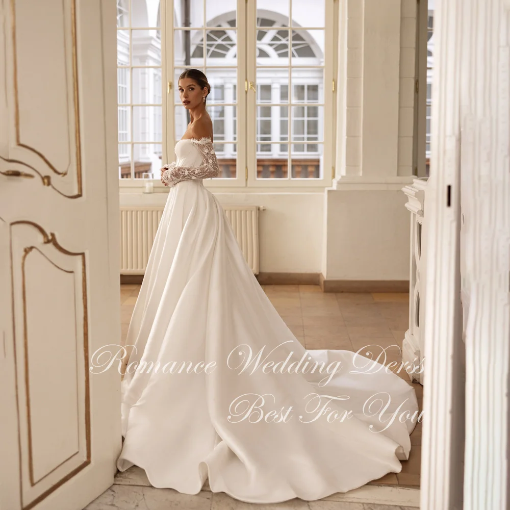 فستان زفاف أنيق مكشوف الكتفين من الدانتيل على شكل حرف a للنساء 2026 بطيات على شكل قلب وفتحة عالية مفتوحة من الخلف فيستدوس دي نوفيا مخصص #4