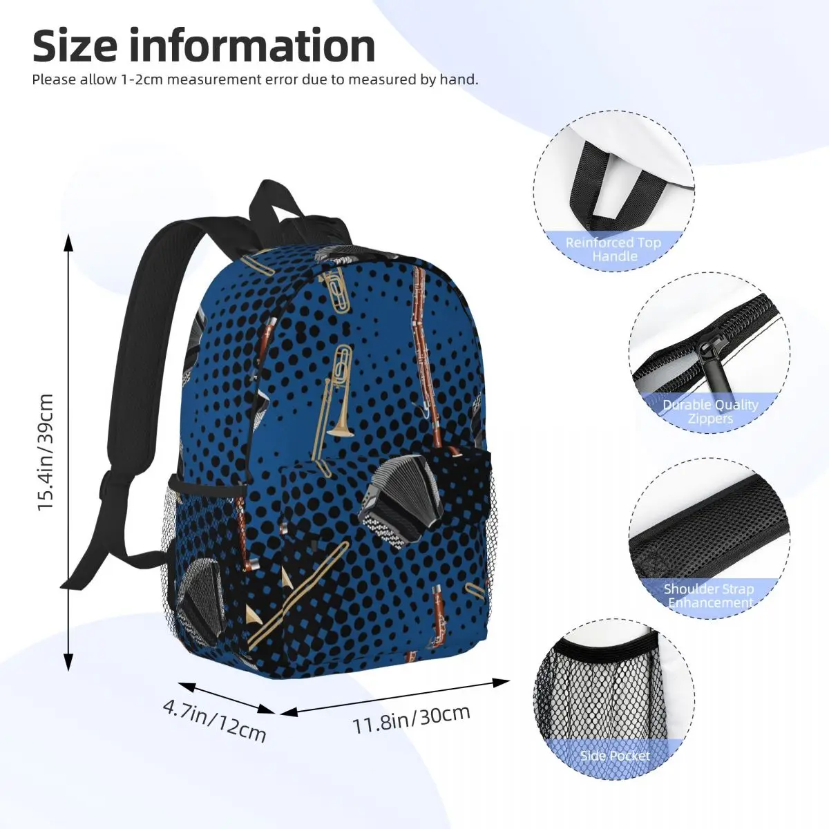 Trombone, Bassoon And Accordion On Black Blue Backpacks Teenager Bookbag Students School Bags Travel Rucksack Shoulder Bag