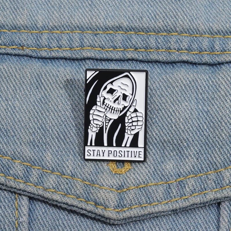 Stay Positive Enamel Pin Gothic Quotes Encourage Motivate Skull Faces Metal Brooch Lapel Backpack Badge Jewelry Gifts For Friend