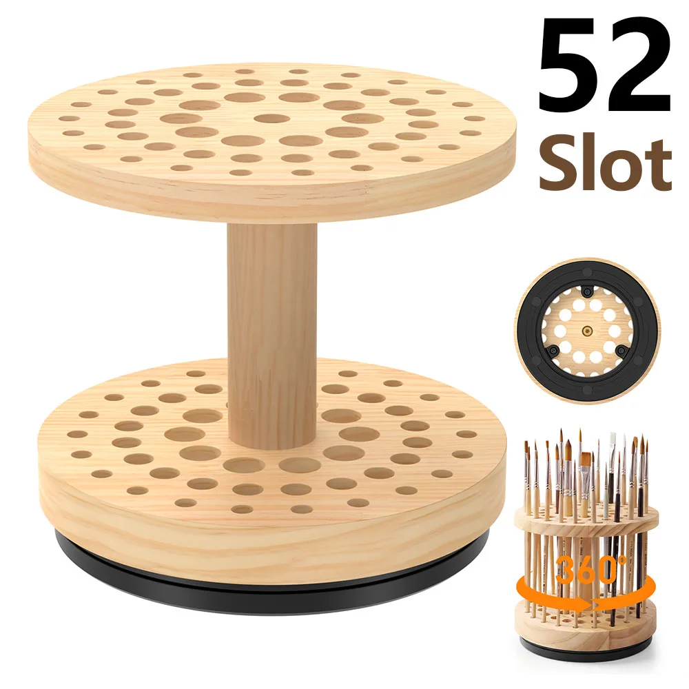 52 Slot Wooden Paint Brush Holder 360° Rotating Round Pen Holder Desk Organizer Pencil Paint Brushes Makeup Brush Storage Rack