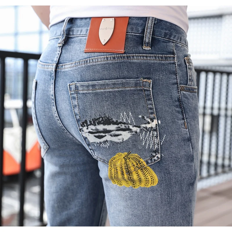 2024Summer Thin Street Personalized Stylish Print Jeans Men's Casual Light Luxury Fashion Elastic Slim Fit Long Skinny Pants