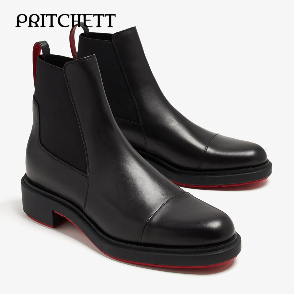 

Black Pull-On Chelsea Boots Round Toe Elastic Fashionable Business Leather Shoes Personality Formal Large Size Leather Boots