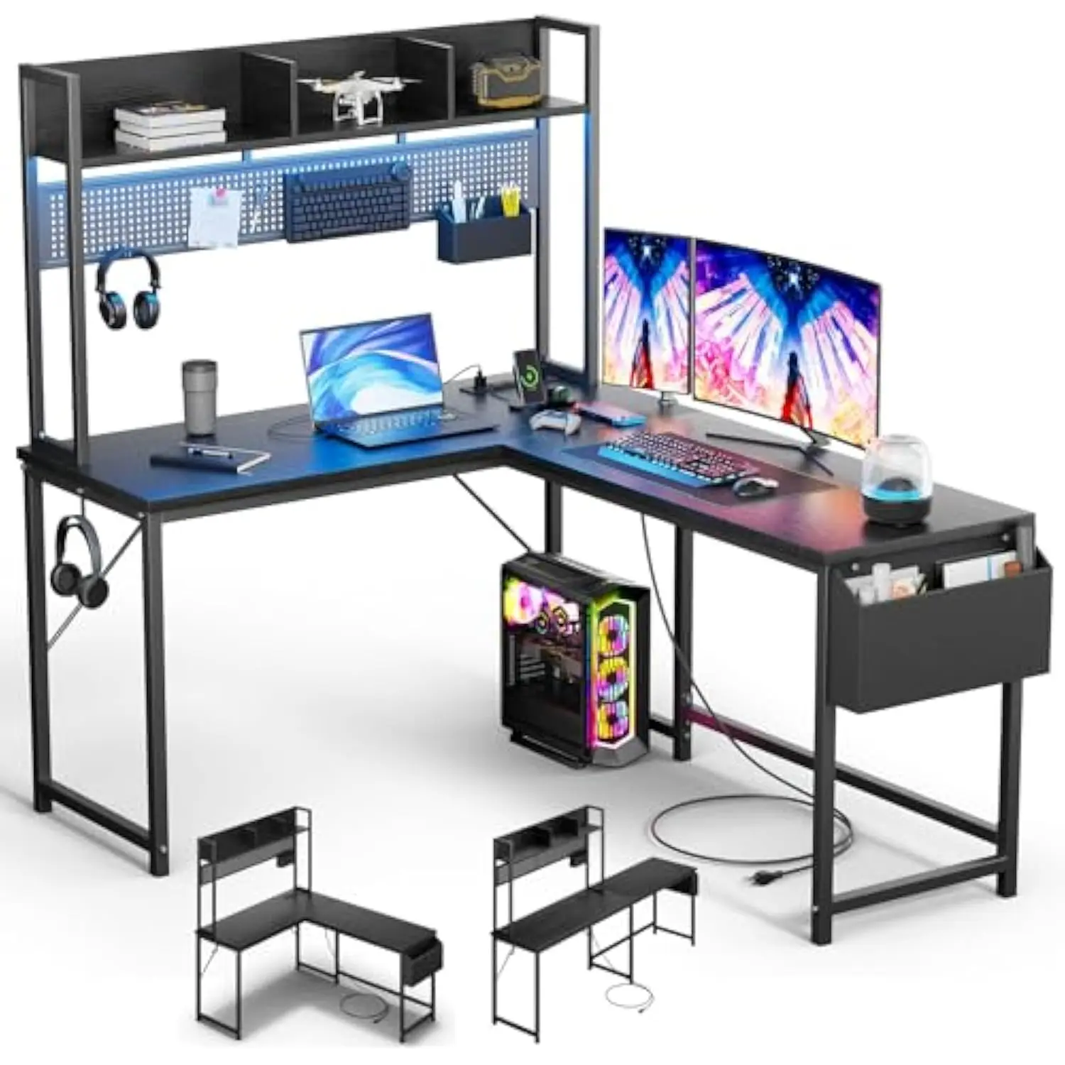 

Gaming Desk Computer Desk with Storage, L Shaped Desk with Power Outlet & Led Strip, Office Desk with Pegboard, Corner Deck for