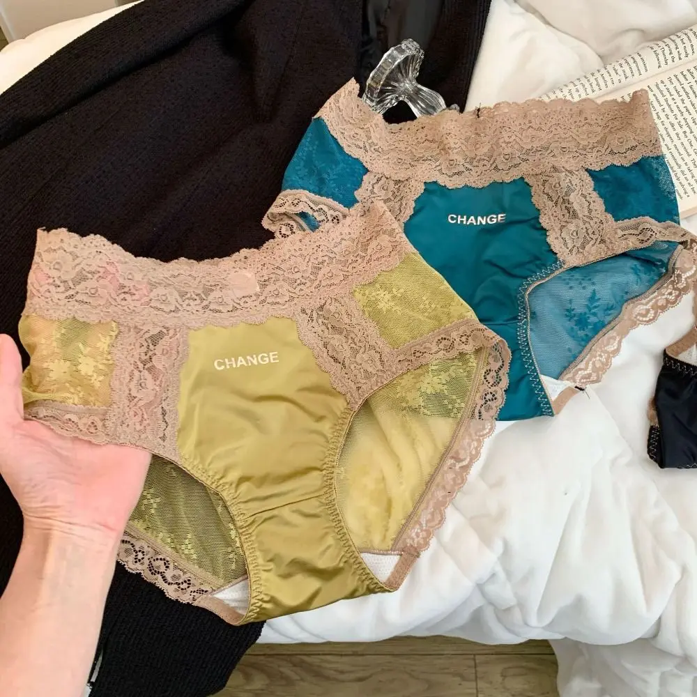 

Mesh Floral Ice Satin Silk Briefs Ultra-thin Mid Waist Lace Seamless Panties Underpants Female Lingerie Underwear for Women Girl