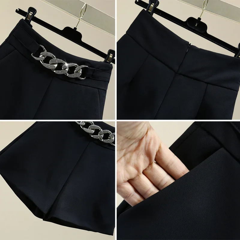 Western-style wide-leg pants women's summer and autumn new high waist loose fashion temperament diamond casual Joker shorts.