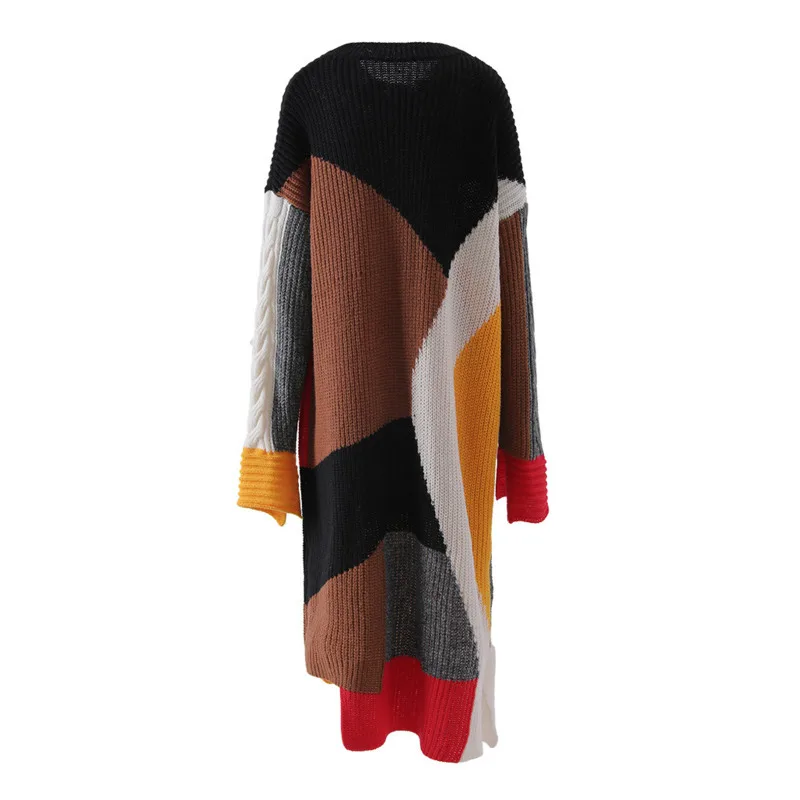 HKSH Autumn Winter New Women Long Sweater O-neck Pullover Contrast Color Patchwork Knitted Dress Elegant Chic Casual Ins HK11216