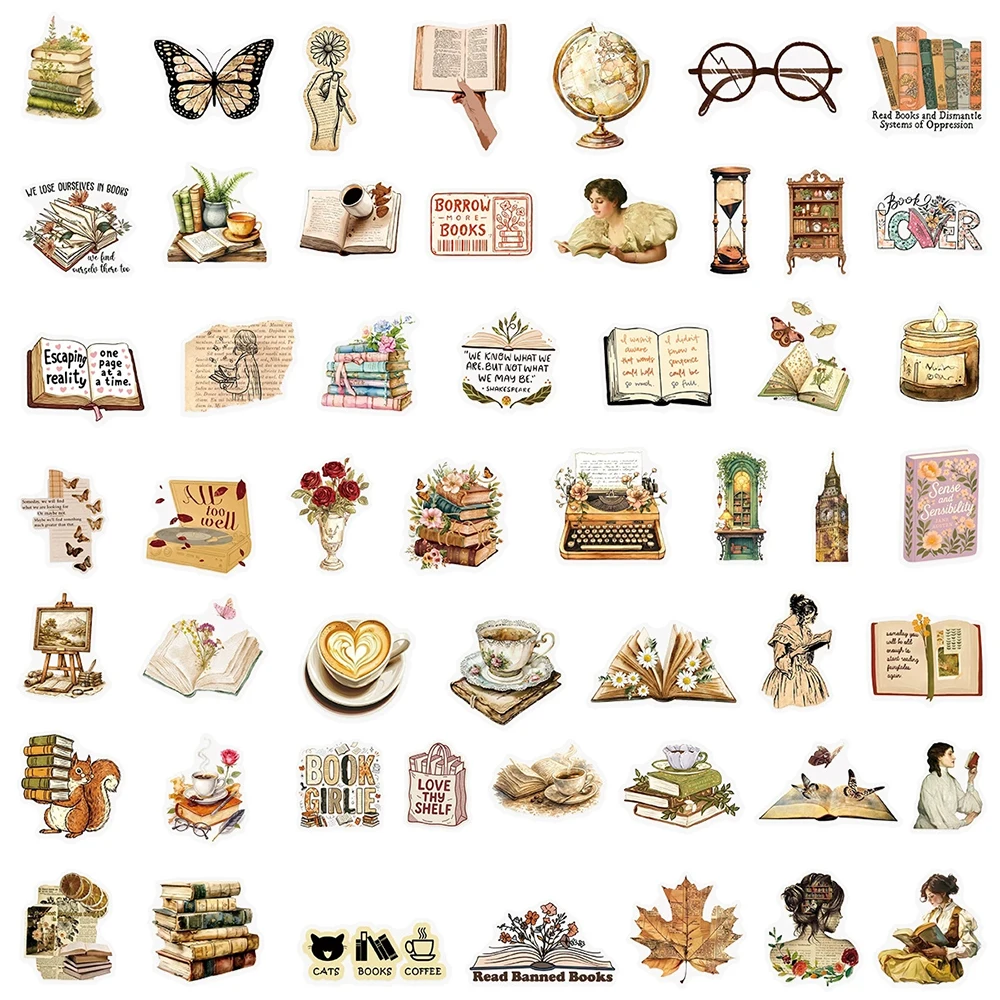 10/30/50pcs Vintage Reading Bookish Aesthetic Stickers Cartoon Transparent PET Decals DIY Water Bottle Guitar Phone Case Sticker