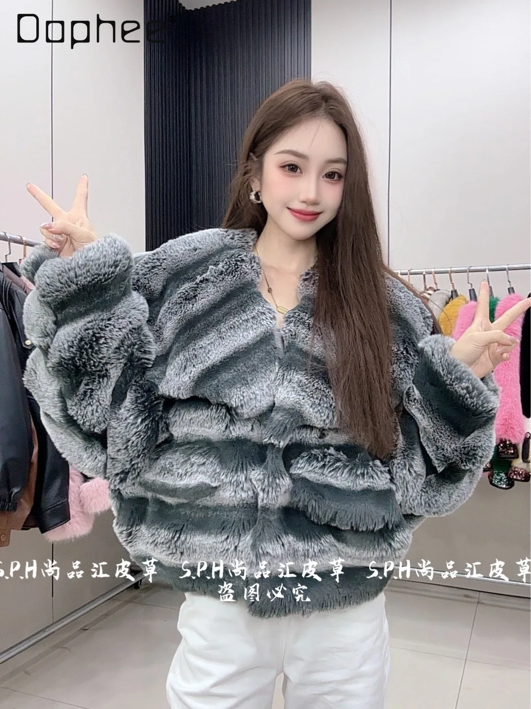 Trendy Patchwork Color Striped Large Lapel Short Plush Eco-Friendly Fur Coat High-End Fashion Loose Slimming Short Fur Coats