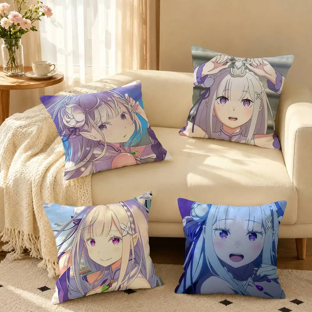 Anime Re Zero E-Emilia Pillow Case Square Double-Sided Sofa Cushion Cover Bedroom Bedside Pillow
